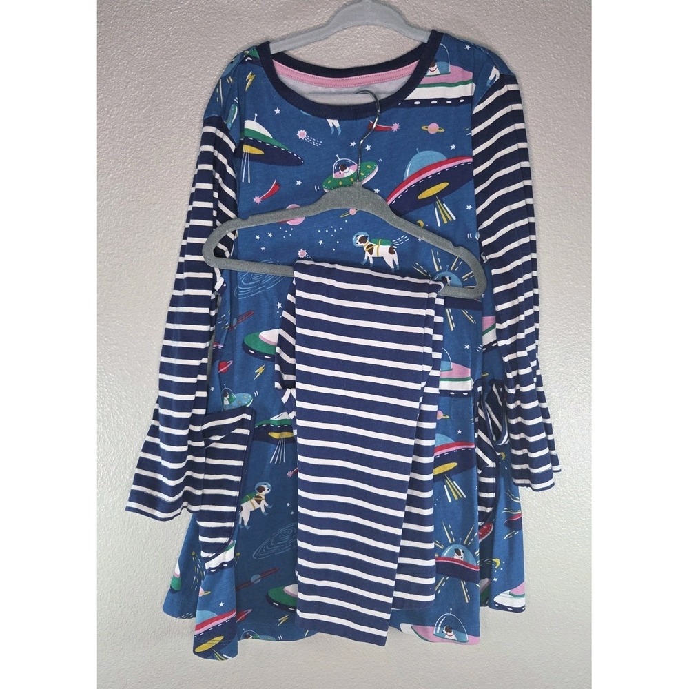 Mini Boden Space Dogs UFO Tunic Top 9–10Y + Striped Leggings 8–9Y Set